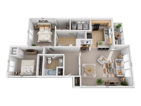 Floor plan for 2 beds, 2 baths, 1086 sqft